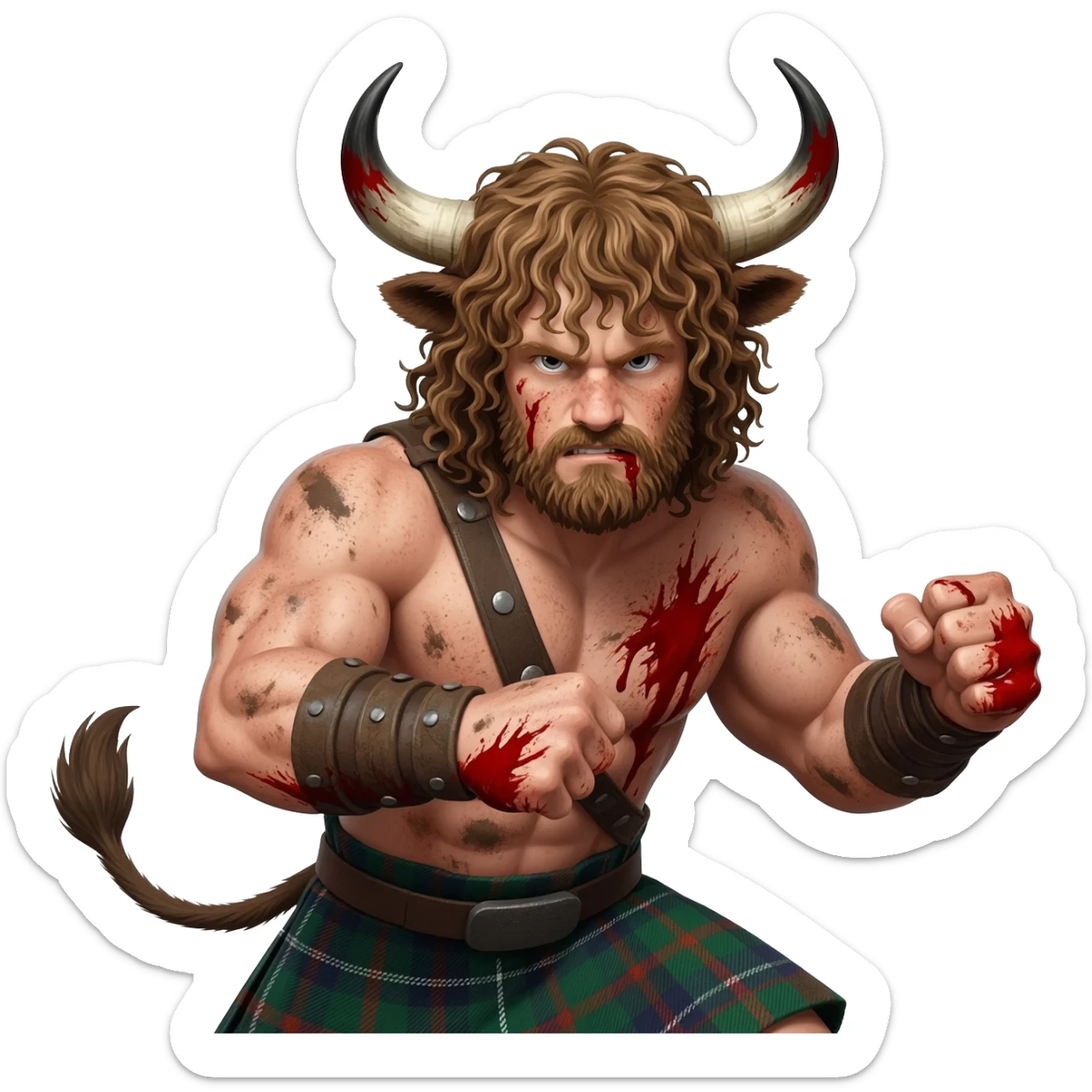 big buff curly hairy man covered in dirt and blood with freckles with messy light brown bangs that covers his face completely with bull horns and bull ears and bull tail dressed in kilt fighting posture closeup sticker