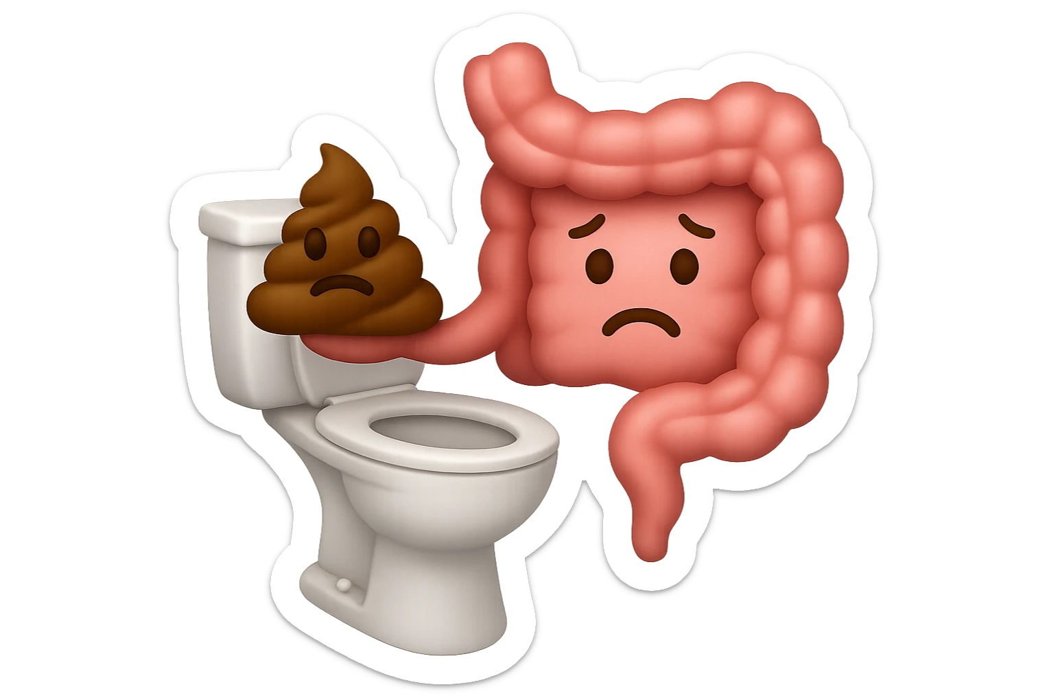 emoji stile iphone di un intestino che esce dal wc con in mano una montagnetta di feci con espressione triste a palline sticker