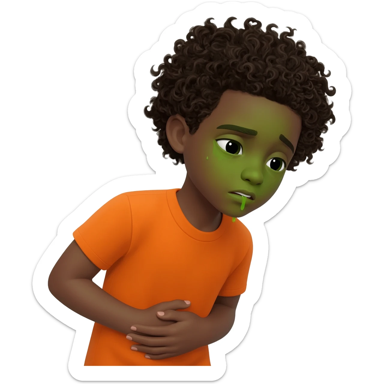 black boy curly hair orange shirt feel sick throw up hand on stomach green face sticker