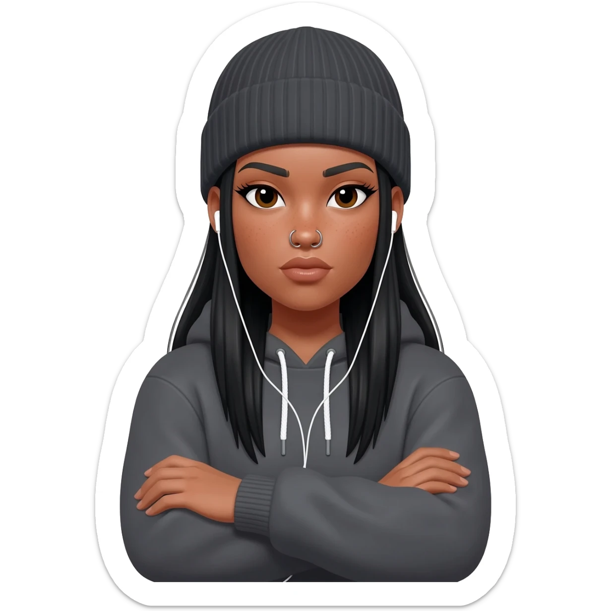 White curvy female with long straight black hair wearing a beanie and standing with arms crossed wearing a hoodie and both nose piercings listening to music sticker