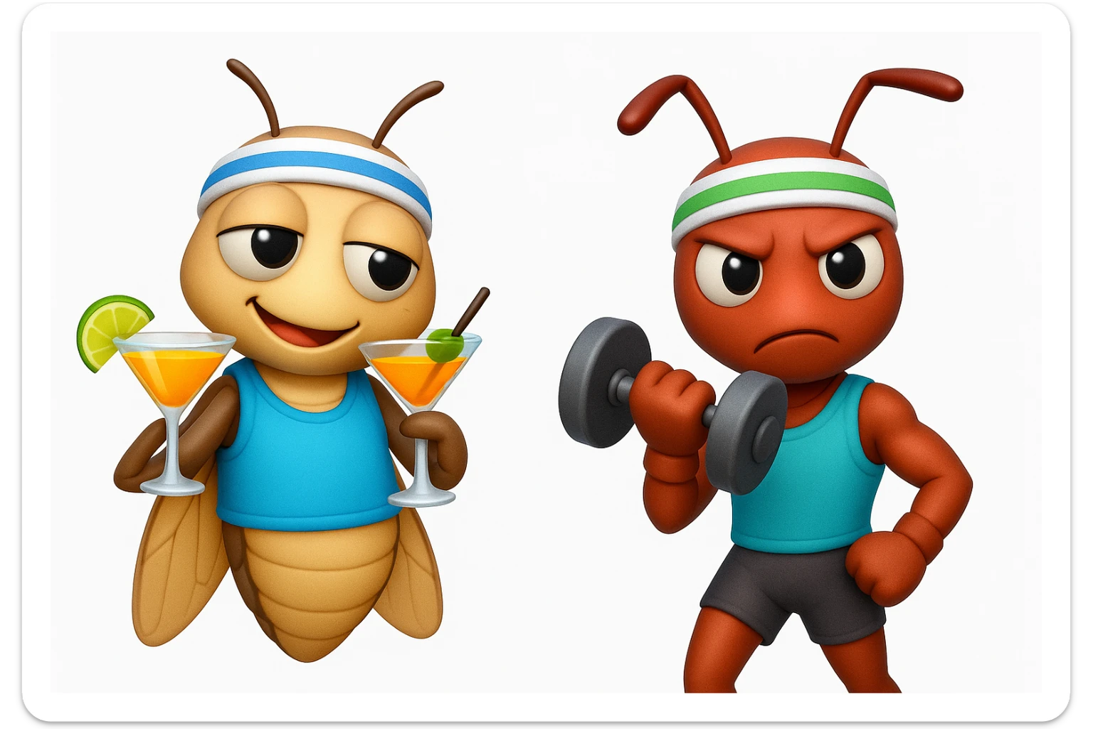 EMOJI STILE IPHONE 3D DI UNA CICALA E UNA FORMICA IN ABITI FITNESS, LA CICALA HA IN MANO UN COCKTAIL MENTRE LA FORMICA HA IN MANO UN MANUBRIO DA PALESTRA. L'IMMAGINE RAPPRESENTA IL FATTO CHE LA FORMICA VOGLIA IMPEGNARSI REALMENTE PER CAMBIARE IL SUO FISICO MENTRE LA CICALA SI VUOLE DIVERTIRE E NON CONCLUDE NULLA ALLA FINE sticker