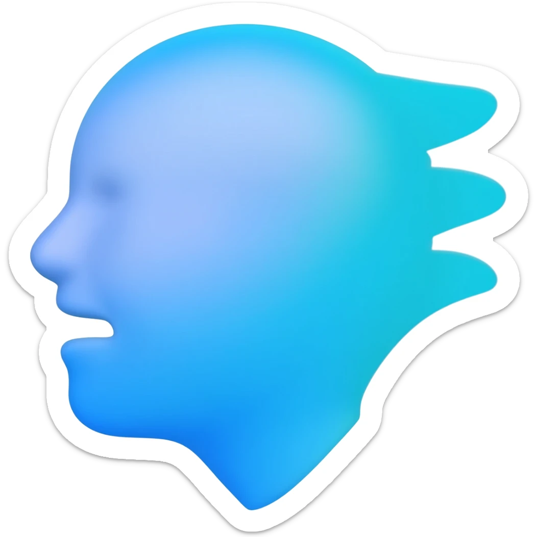 Emoji 3D de rosto de perfil soprando vento, estilo gradiente azul e branco, fundo transparente. sticker