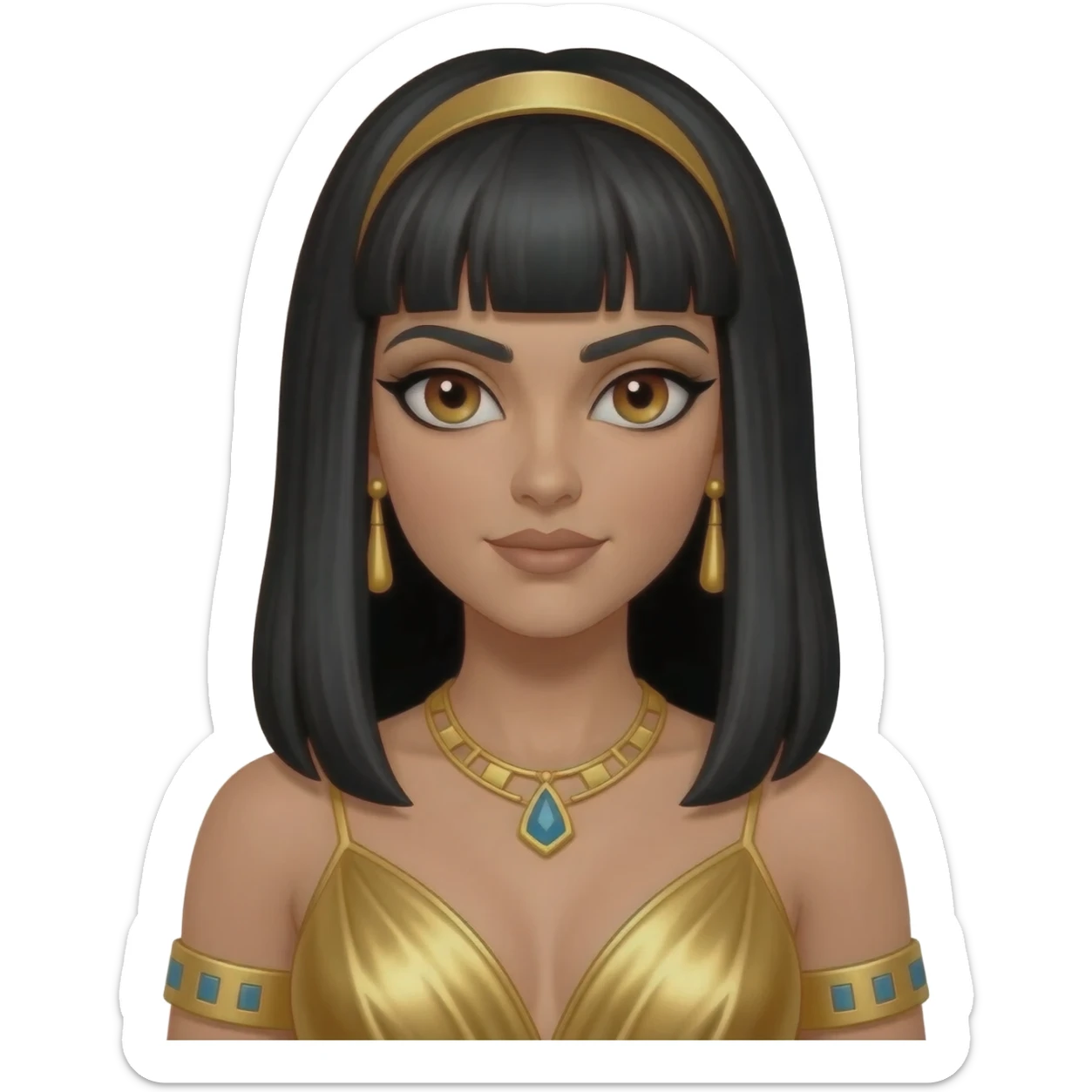 Cleopatra with hazel eyes, long black hair, gold metallic dress, gold necklace and earrings sticker