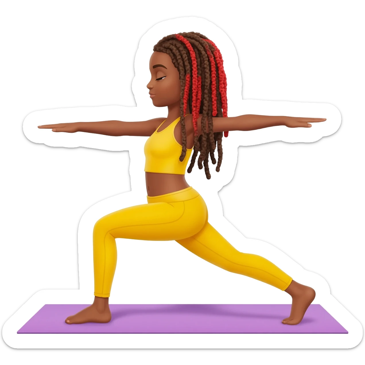 African American girl with long dreadlocks brown with red tips,  In yellow working out clothes in various Pilates poses sticker
