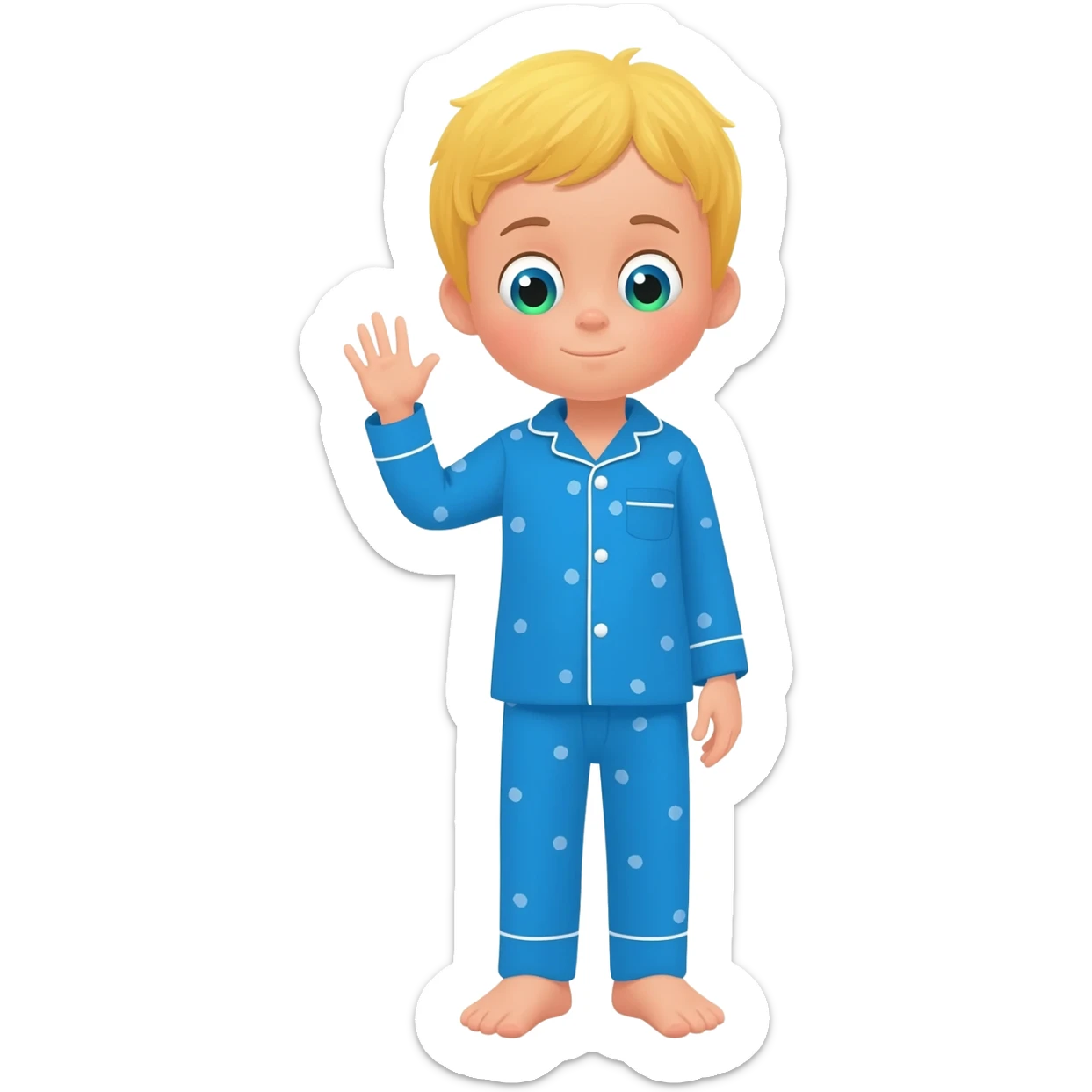 Create an emoji of the same blonde 3 year old as the first one you did. A happy boy with blue-greenish eyes turning off the lights to go to sleep with blue pajamas on sticker