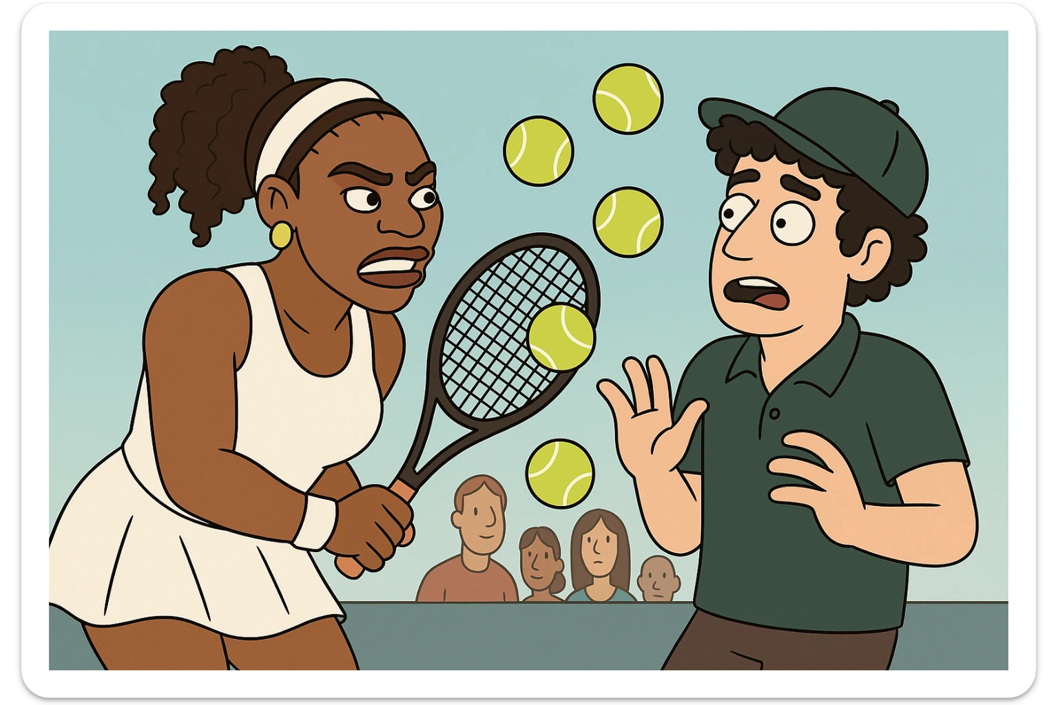 Serena Williams tennis Tennis balls a man black curly hair dark green a hat the people sticker
