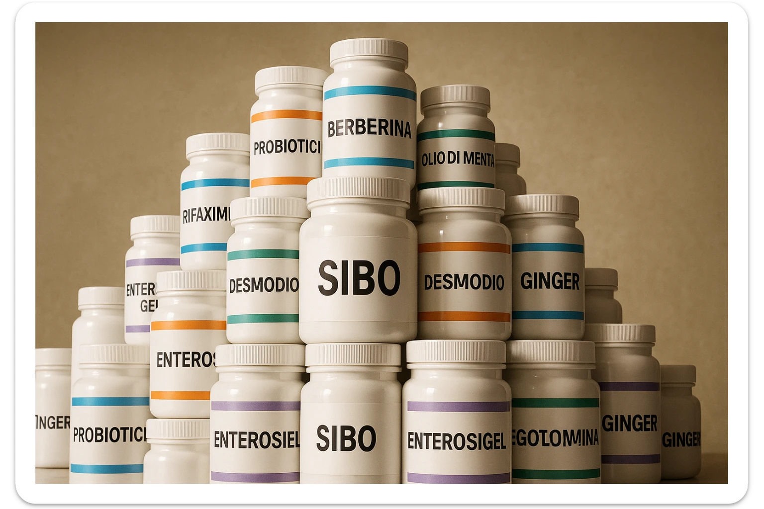 montagna di barattoli di integratori contro la SIBO con etichette in italiano sticker