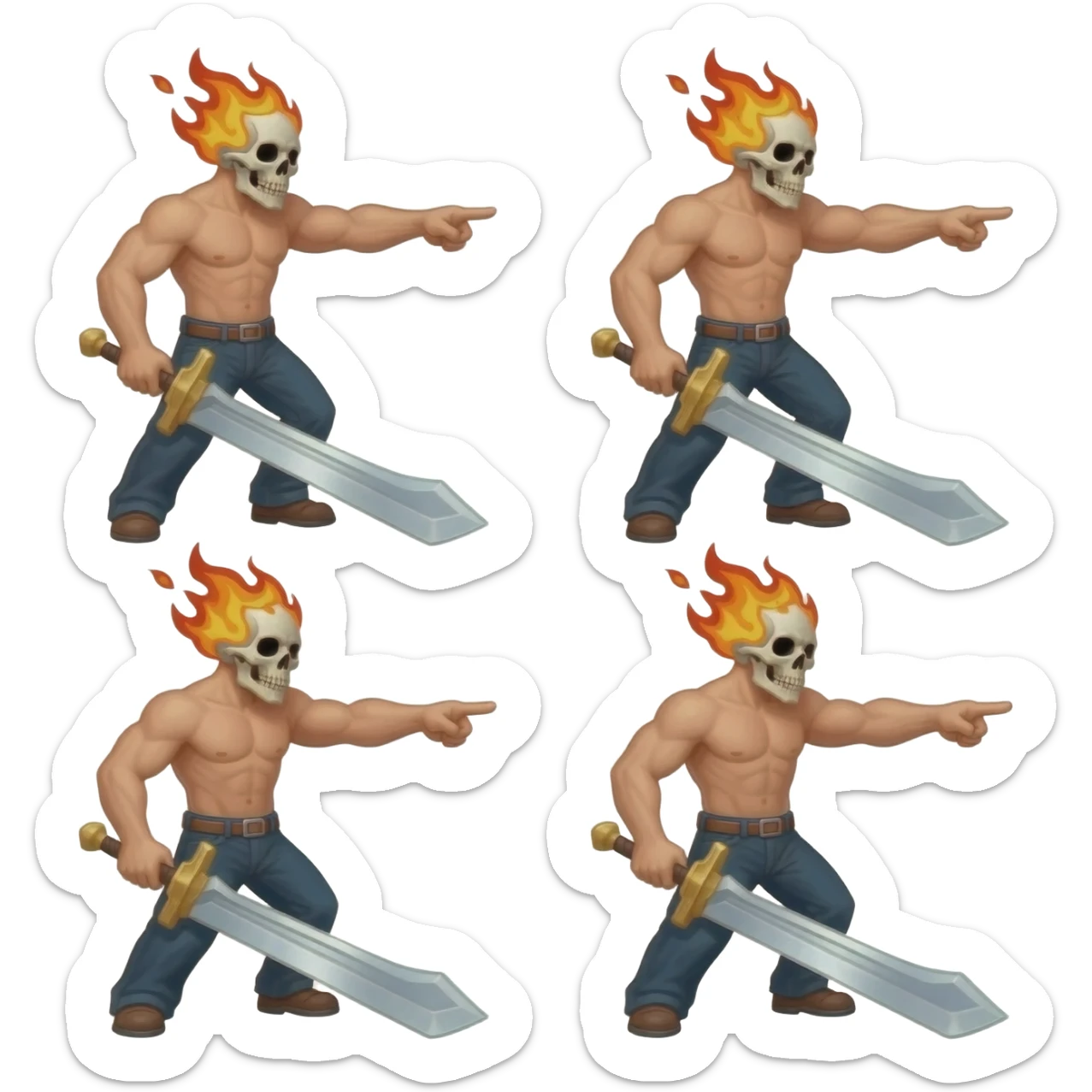 A 4 stage sprite sheet of a man with a burning skull head, show the 4 stages of him attacking with his large sword, shirtless, full body pointing right sticker