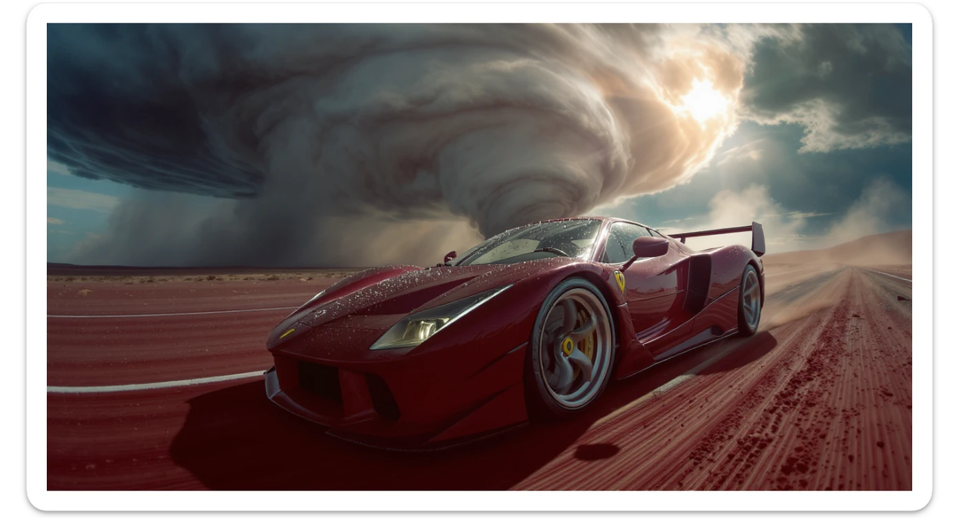 Cinematic still of a ferrari f40 around tornado od arizona desert, sun flare, captured by gopro hero with effect fisheye, water drops on car body, detailed, inspired by interstellar look, captured by a RED Weapon 8K sticker