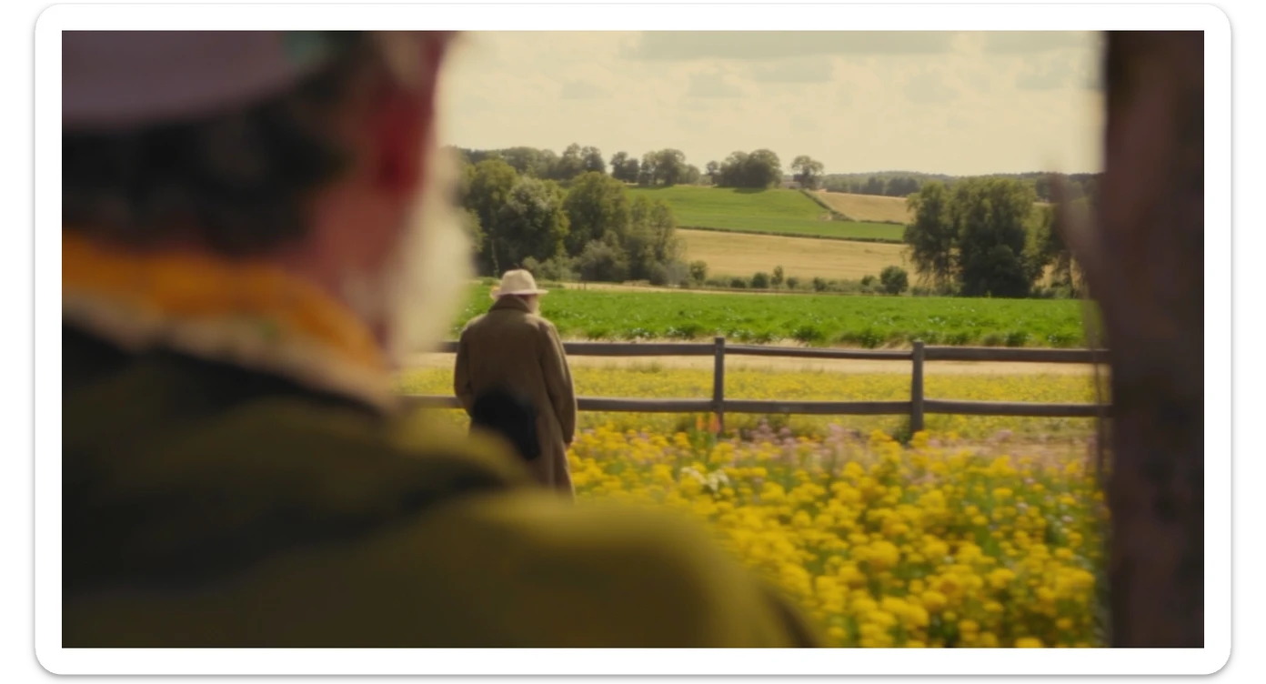 "Two shot" of a person in the foreground, blurred plants in the foreground (frame within a frame), a wooden fence and colorfull flowers in the midground, Poland, rolling hills in the background, cinematic depth of field, layered composition, natural lighting sticker