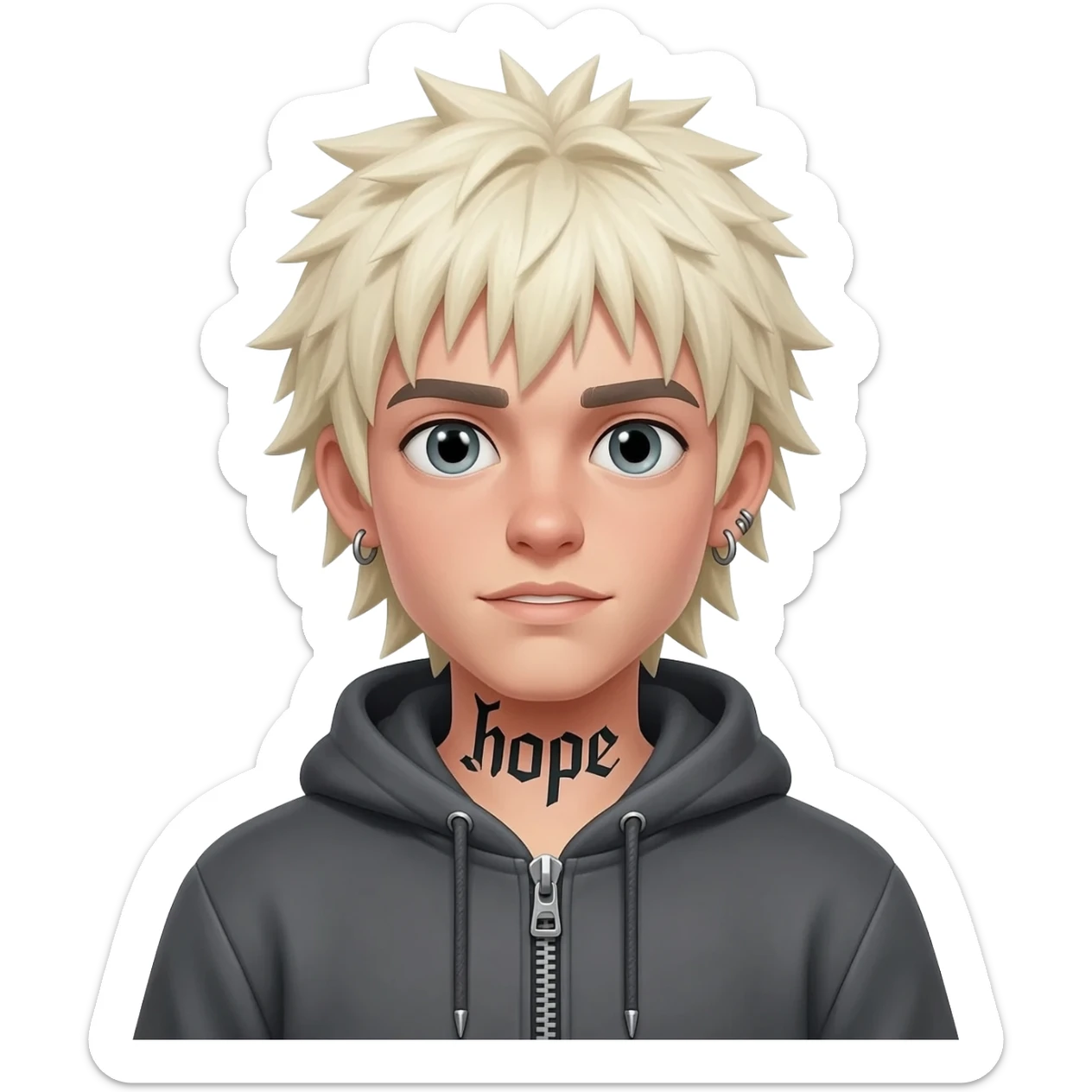 boy skateboard spiky long plantinum yellow hair piercing tatto "hope" hoodie zip sticker