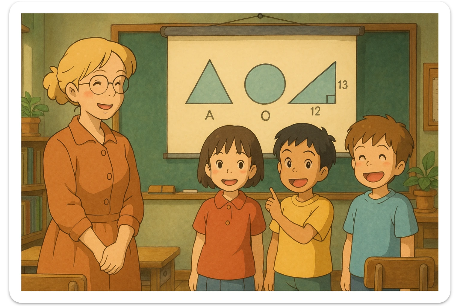 Profesora rubia con gafas redondas y tres estudiantes presentando una diapositiva de geometría, todos sonrientes, estilo ghibli sticker