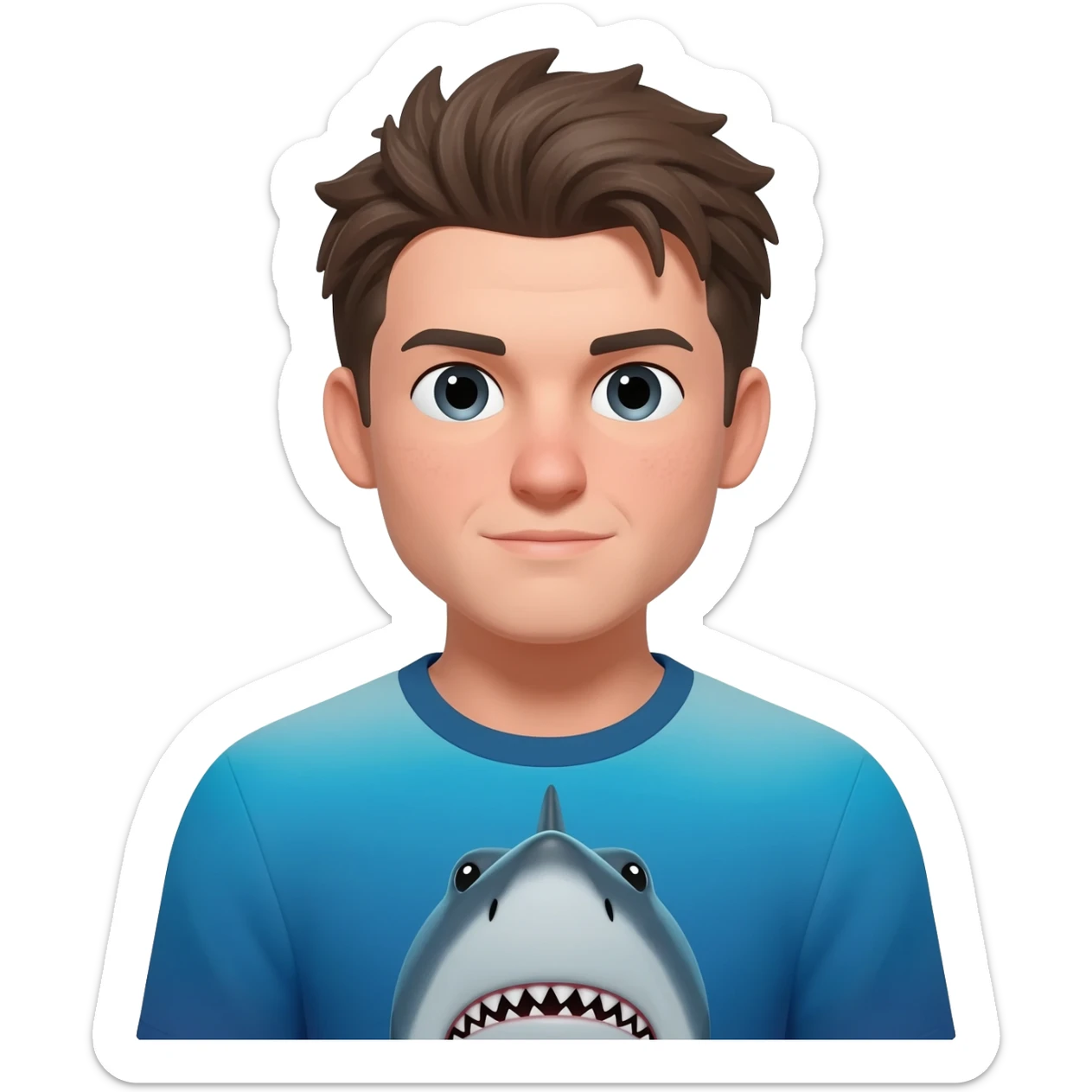 a handsome man hair wearing a t-shirt with a shark image on it. sticker