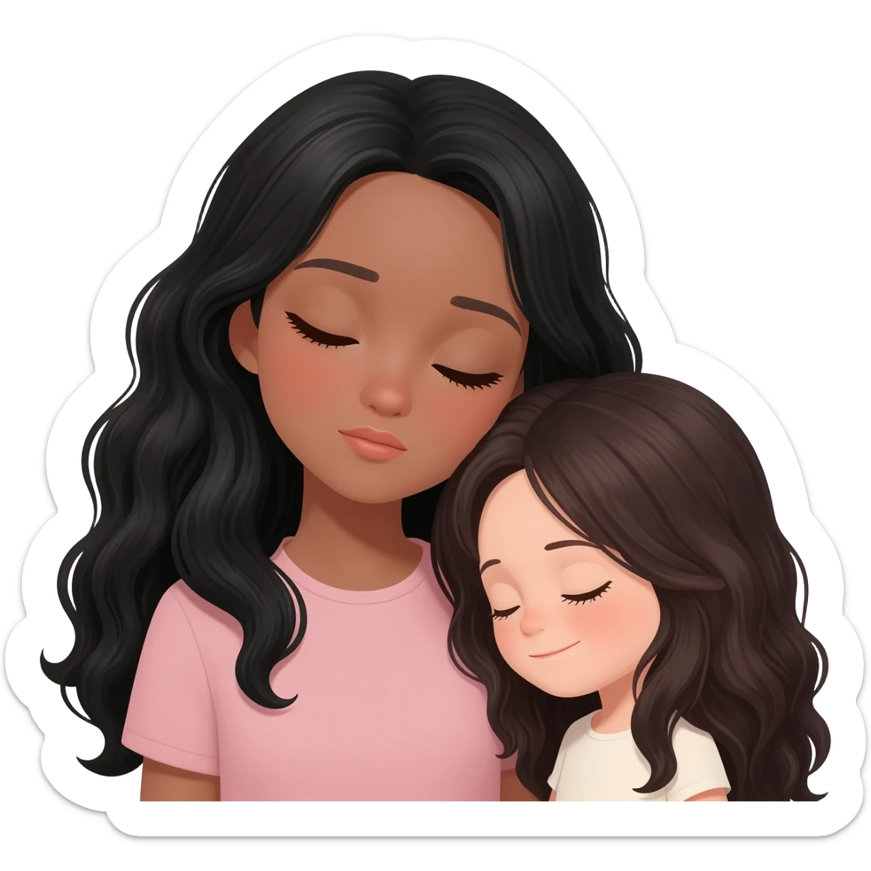 Black hair brown girl with long wavy black hair with brown eyes and sleeping with cute little girl with long wavy hair dark color with fair skin sticker