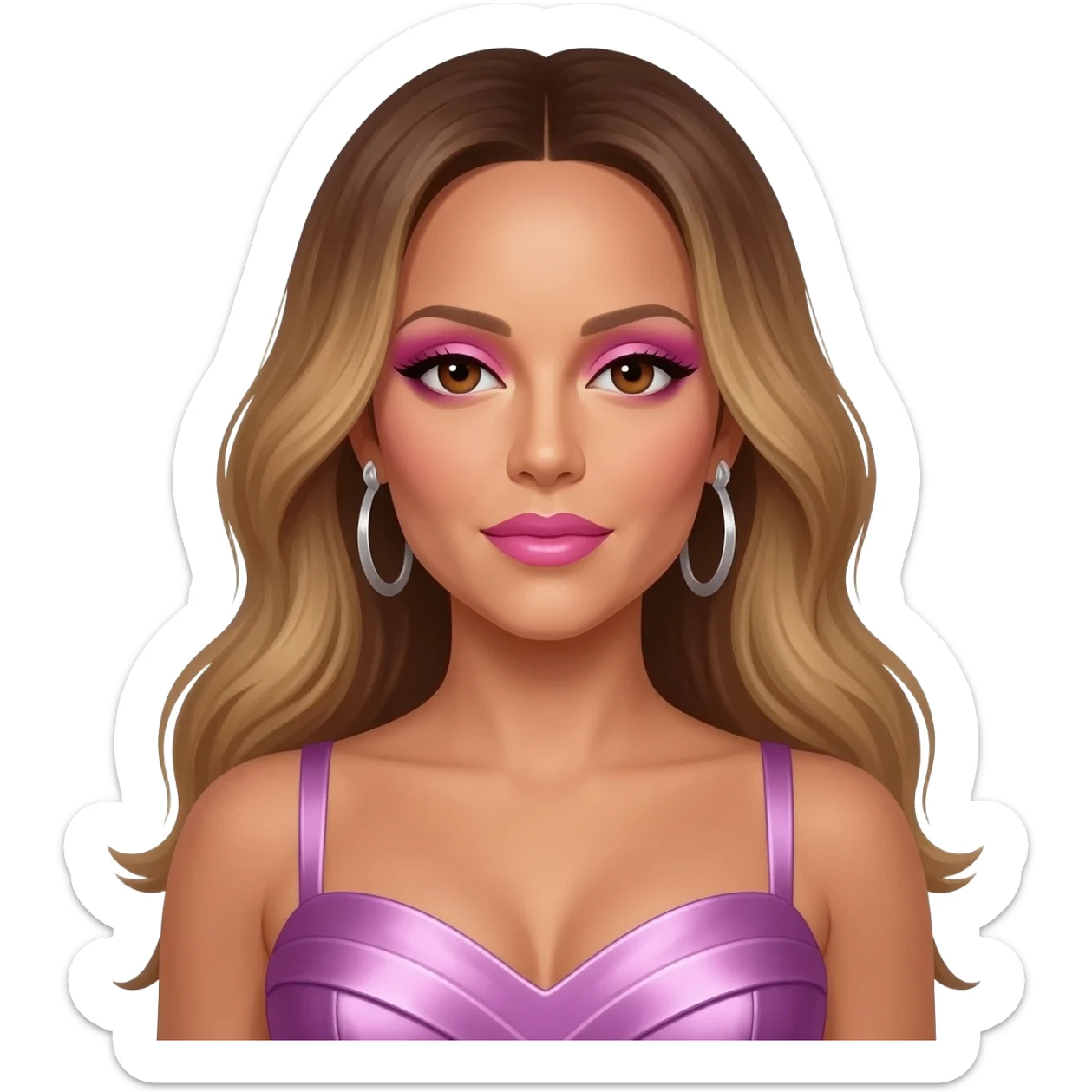 Mariah Carey with brown eyes, pink eyeshadow and lipstick, long dark blonde hair, lavender pink metallic sweetheart dress, silver earrings sticker