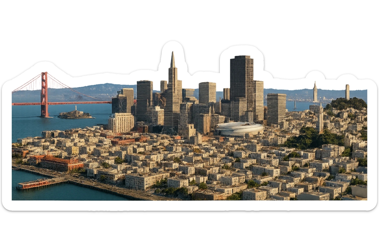 cinematic realistic emoji of San Francisco, wide cityscape with Golden Gate Bridge, Transamerica Pyramid, Chase Center, The Embarcadero, Ghirardelli Square, Alcatraz Island, Bay Bridge, Coit Tower, UC Berkeley belltower and Stanford Hoover Tower in the distance. Lifelike detail, accurate colors, bright daylight, no sky, no clouds, no text, transparent background sticker