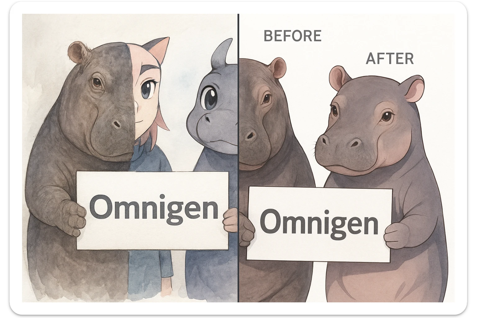 two hippo holding sign of omnigen, half picture 1 hippo is realistic another half is the anime of that same second hippo, with before after mark sticker