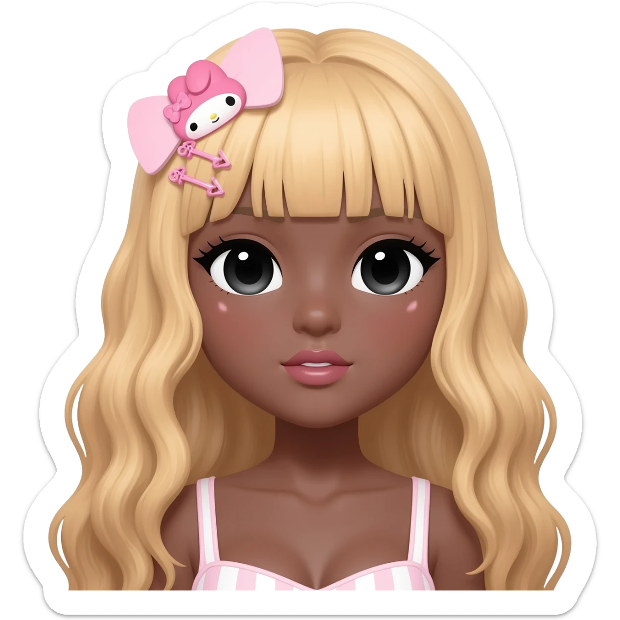 Gyaru makeup, himegyaru, my melody hairclip, cutecore, doll eyes, Doll, big chest, dark brown skin, with middle part wavy long blonde hair,  black cute eyes, cute lips with Gyaru outfit sticker