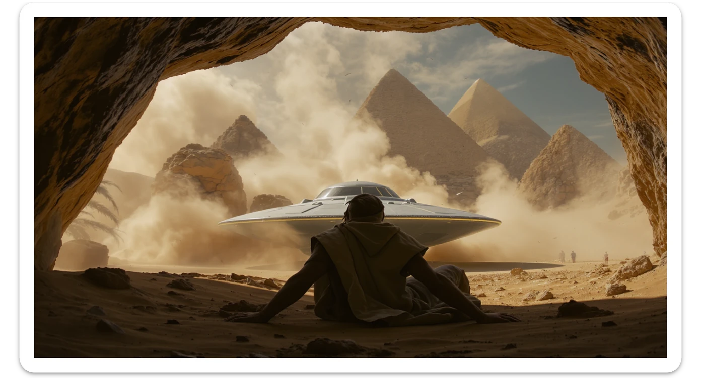 cinematic still, documentary photography, acient egypt, back shot of a man dress in ancient clothes in cave (frame in frame effect) on ground laying front of small ufo starship, sand flying around, palms, dynamic scane, leading lines, captured by arri alexa, depth layers, piramids in babckground sticker