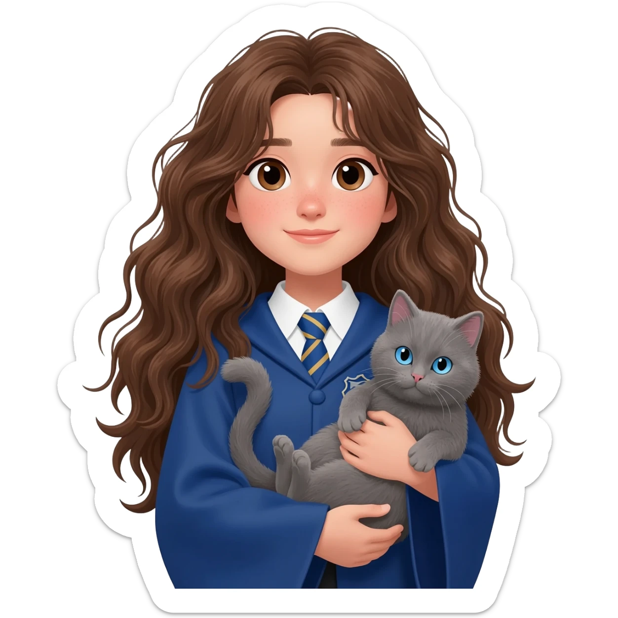 Asian girl with long messy wavy brown hair and brown eyes wearing blue Ravenclaw robe, holding a gray cat with blue eyes in hands sticker