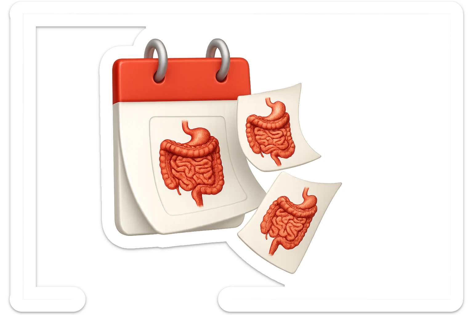 emoji stile iphone di un calendario con fogli che volano insieme, sui fogli ci sono disegnati degli intestini anatomici, iperrealistico 4k, isolato su sfondo bianco sticker