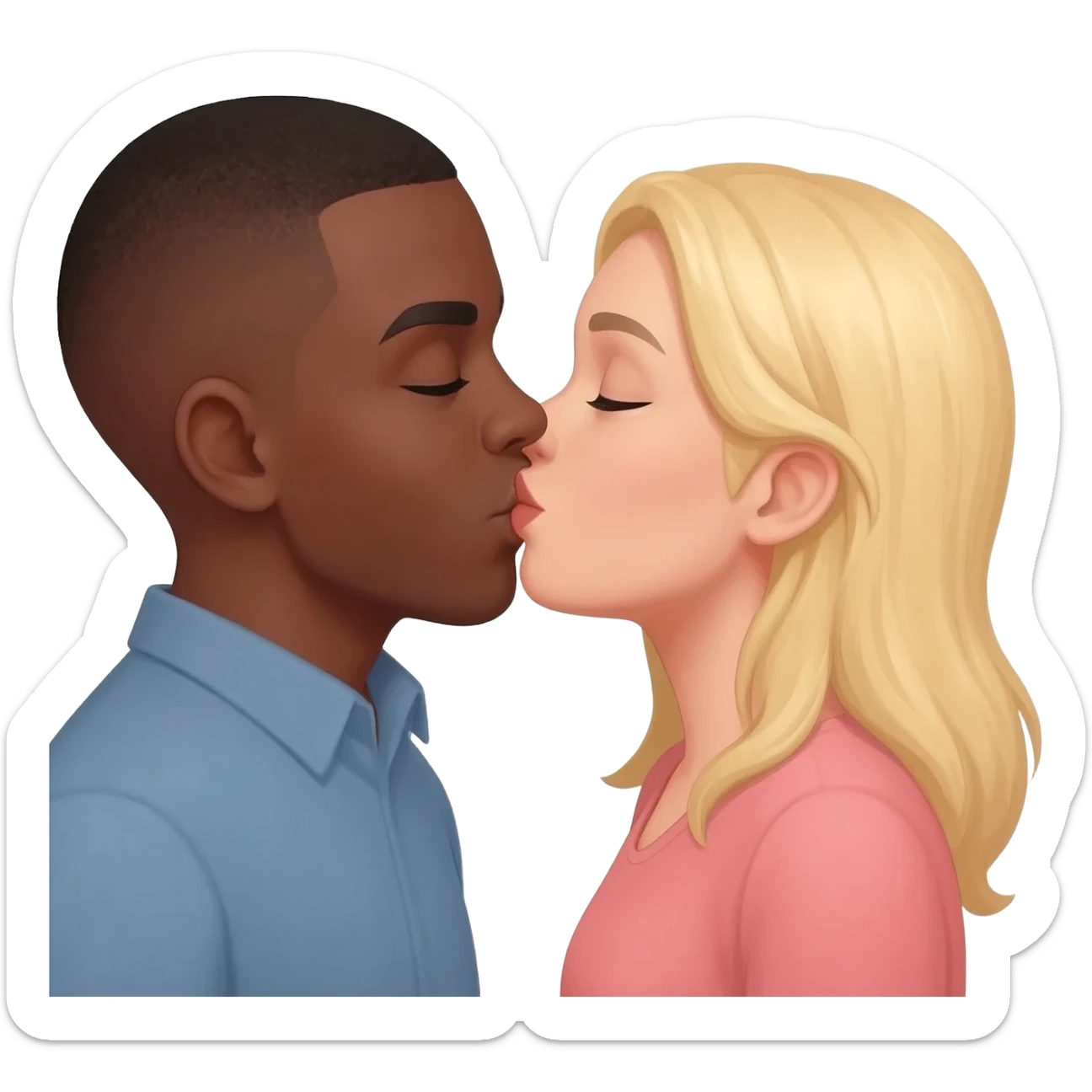 Black man with shaved head kissing blonde woman sticker