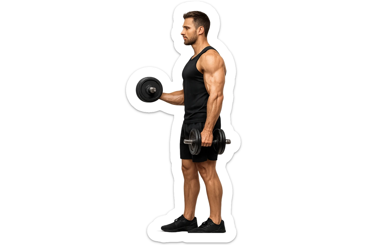 uomo fitness di profilo a figura intera con manubrio da palestra in mano, iperrealistico 4k sticker