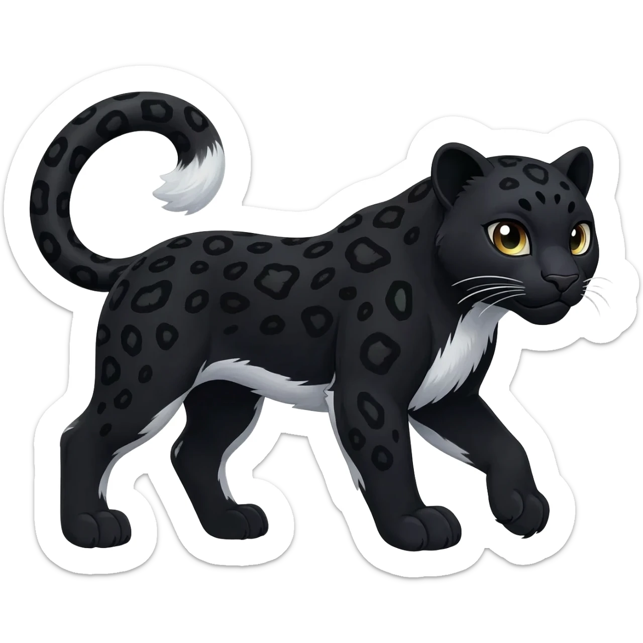 Black Snow Leopard-Panther-hybrid-animal-creature with white stripes and spots and splotch markings sticker