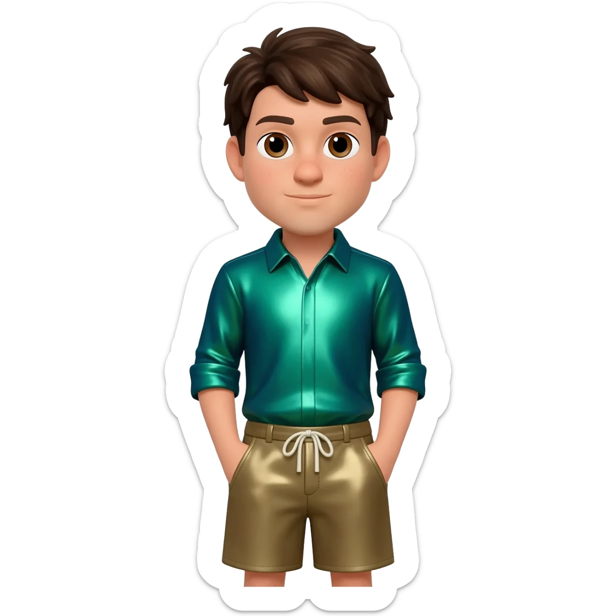 Chris Kratt with brown eyes, dark brown hair, green blue metallic shirt, khaki metallic baggy shorts sticker