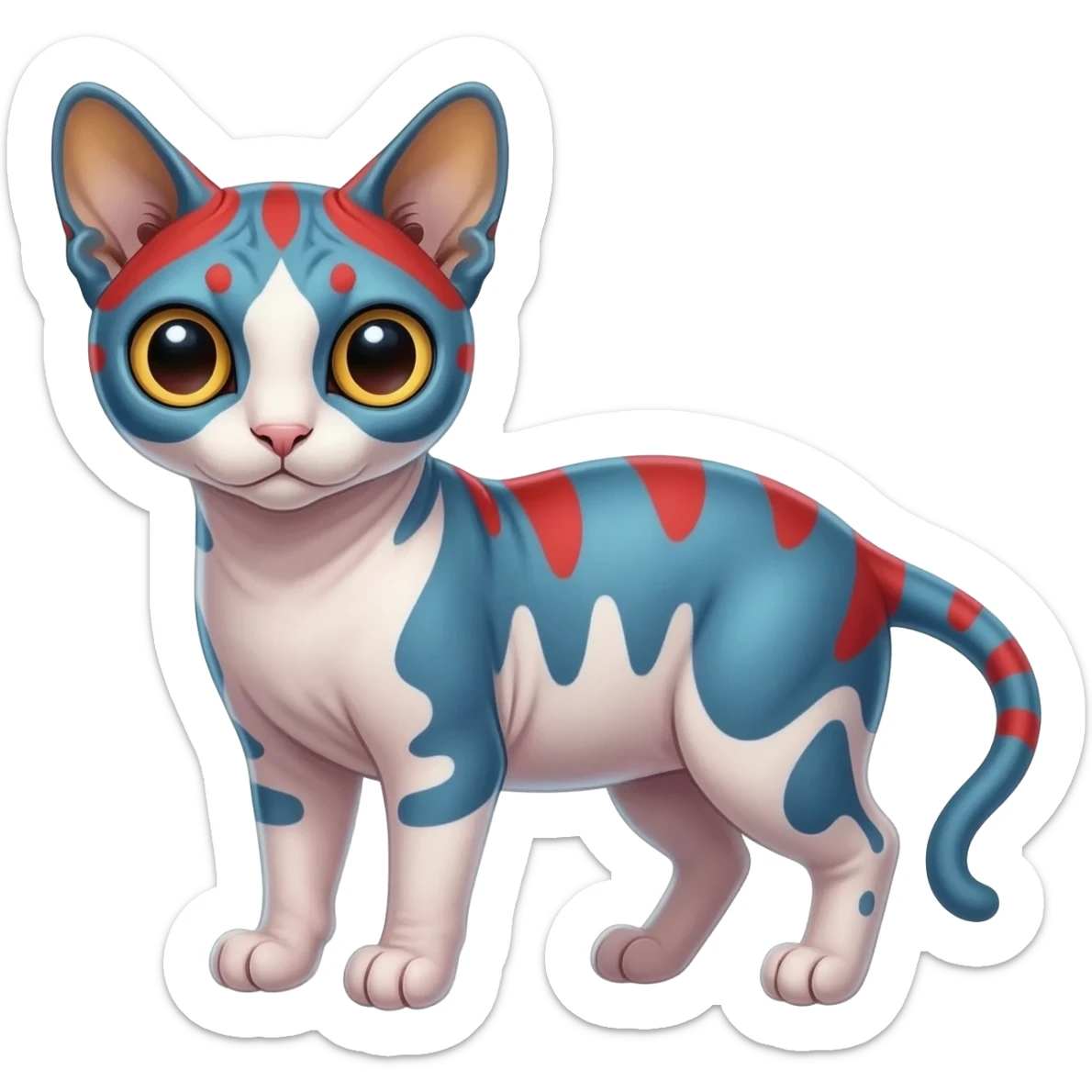 White and blue and red Asian painted anime-styled big-eyed shiny glorious divine marked exotic cool beautiful realistic Lykoi-civet-genet-sergal-ocicat-oncilla-animal-Fakémon-hybrid-fursona (full body) sticker