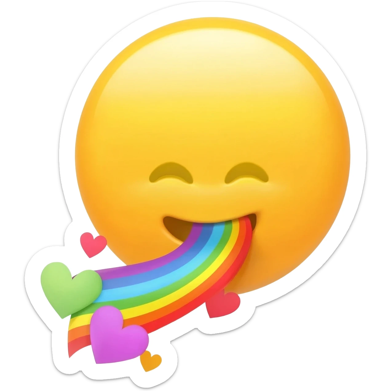 Standard yellow Smiley face spitting out a rainbow with hearts sticker