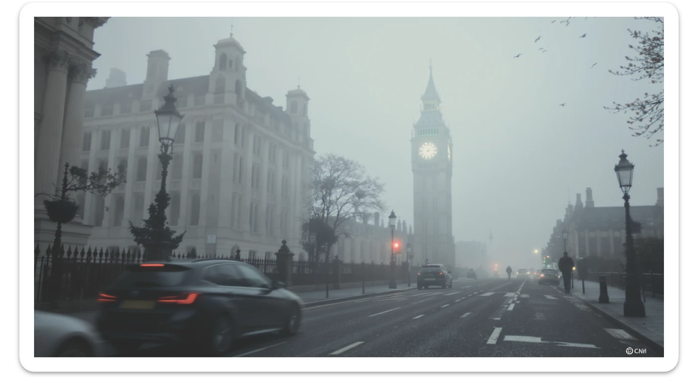 Cinematic shot of a london street, cloudy foggy day, soft light, leading lines to big ben in distance, multi composition, in foreground blurred car, on second street around UK bulding, od another plan in distance big ben, birds flying, artistic look, captured on arri alexa 35 sticker