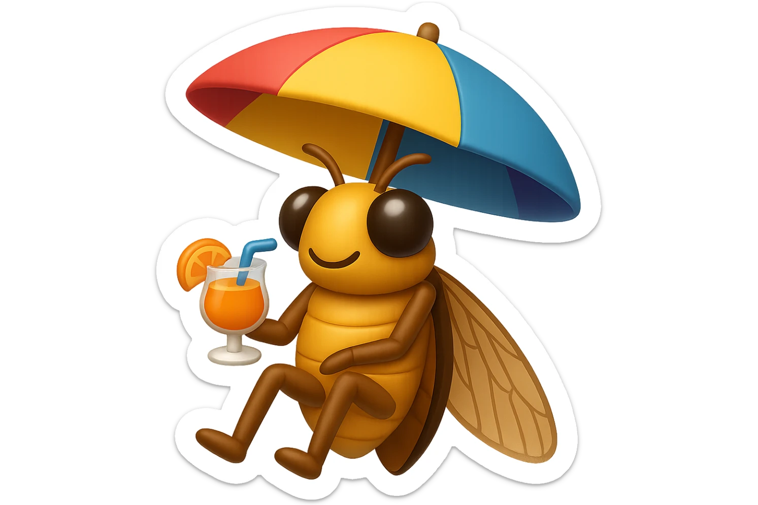 EMOJI STILE IPHONE 3D DI UNA CICALA CHE STA RILASSATA SEDUTA SOTTO L'OMBRELLONE CON UN COCKTAIL IN MANO sticker