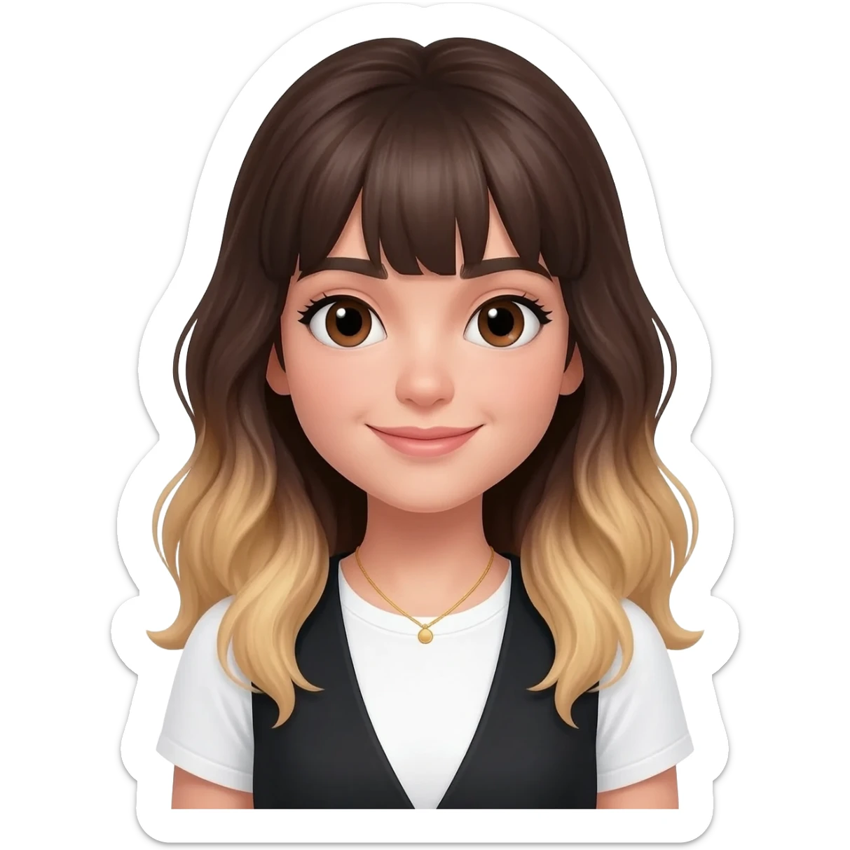 An adult girl with an oval-shaped face and feminine features, long dark brown wavy hair fading to blonde at the ends with light bangs. Thick dark eyebrows, large expressive eyes, and a warm smile. She is wearing a white T-shirt with a black vest and a delicate golden necklace. sticker