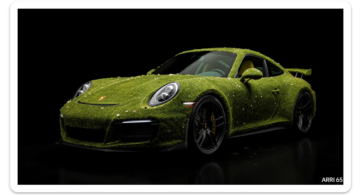 Closeup shot of a porsche 911, body of car made of grass and flowers, black solid studio background, very dark room, top low key light, dutch angle, captured by ARRI 65 sticker