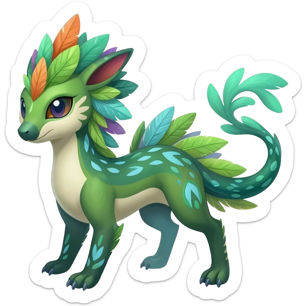  Tropical feathery shamanic cultural Greenish beautiful handsome gorgeous aesthetic colorful vibrant Vernid-Trico-species-Fakemon-creature by LiLaiRa, 4 legs, 1 tail, random markings, (full body) sticker