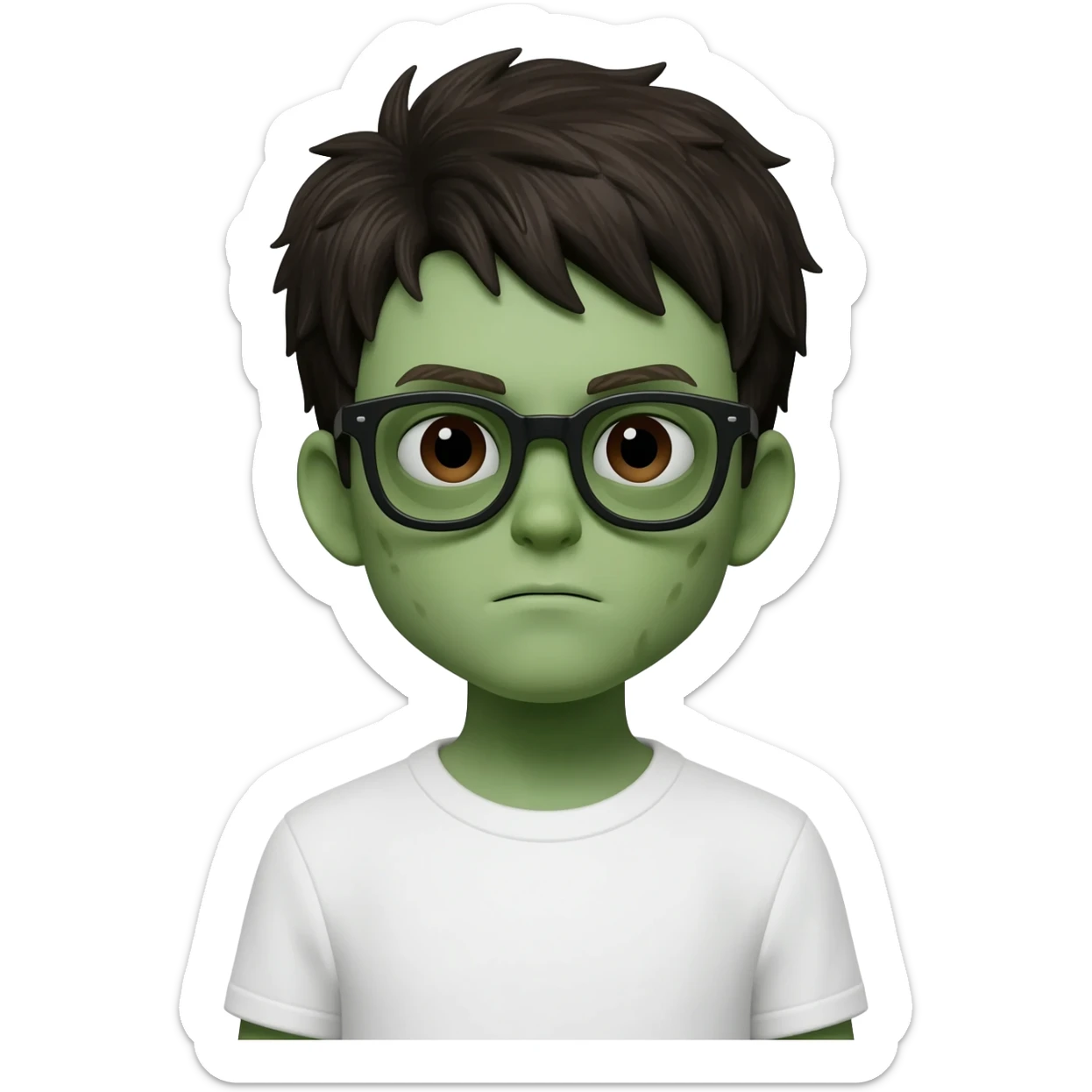 zombie boy with white tshirt and black brownish hair and with black glasses frames on hair is texturized young boy and round face more green face and dark brown eyes sticker