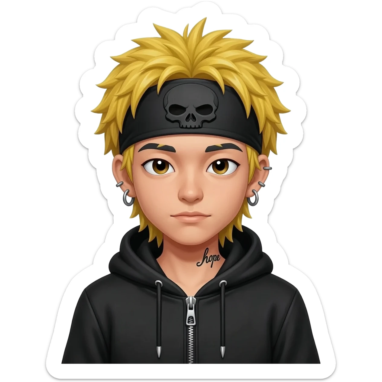 boy japan spiky long hair yello black hoodie zip skullcap wear piercings tatto "hope" sticker