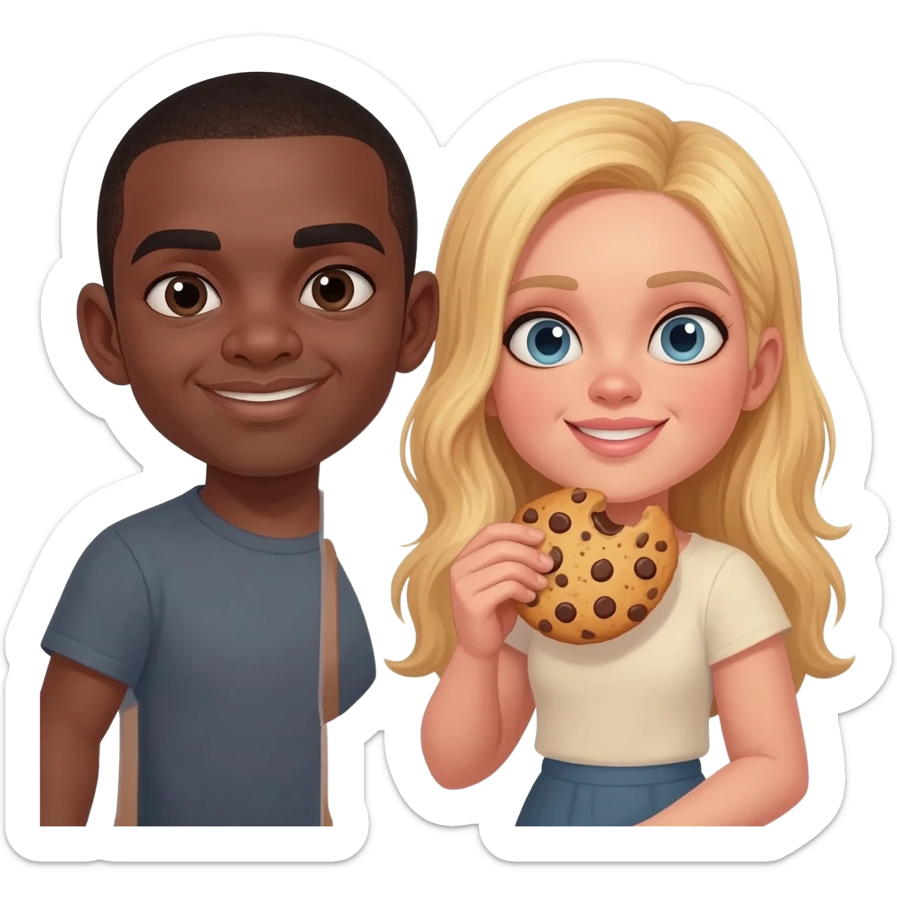 Black man with shaved head eating cookies with blonde woman sticker