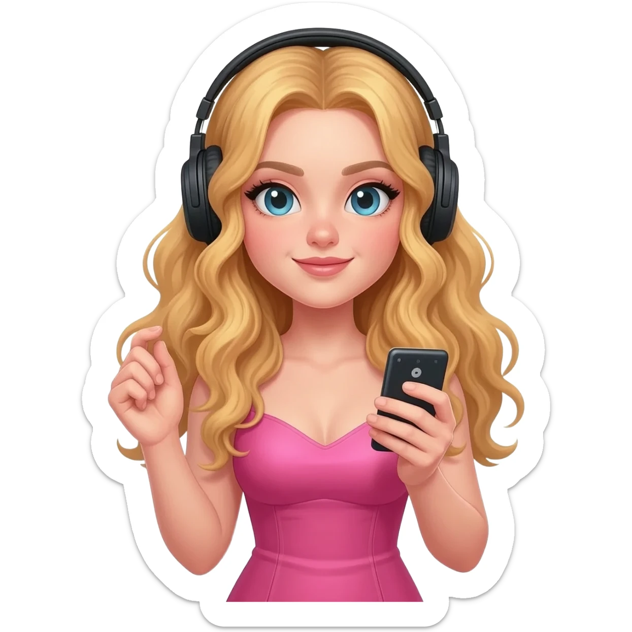 girl blonde long hair in pink dress listen to music rock and roll on black headphones with mp3 player and hold on headphones on head with right hand sticker