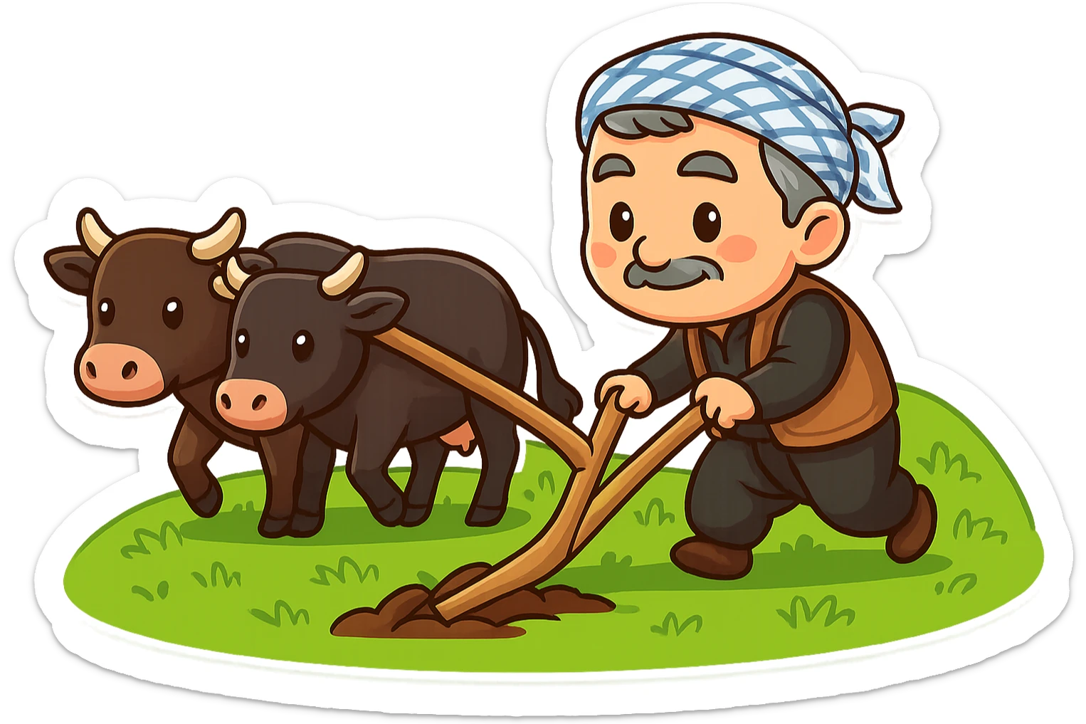 Create a chibi cartoon sticker of a Kurdish farmer plowing the land with two cows using a yoke and traditional plow, on a green hillside. The style should be cheerful and colorful with a transparent background. sticker