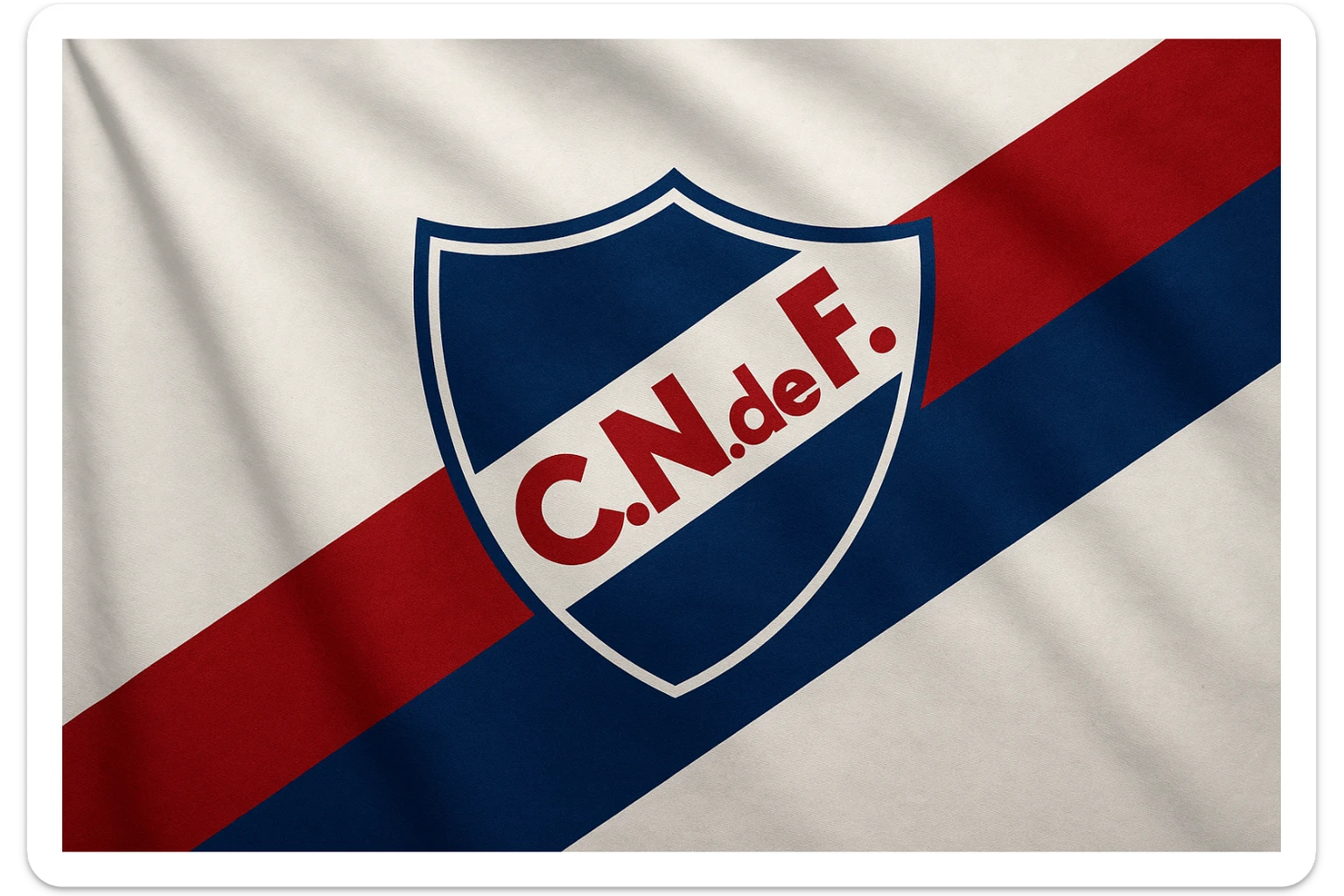 classic design flag of Club Nacional de Football, white background with diagonal blue and red stripe, club crest in the center, realistic style, no text sticker
