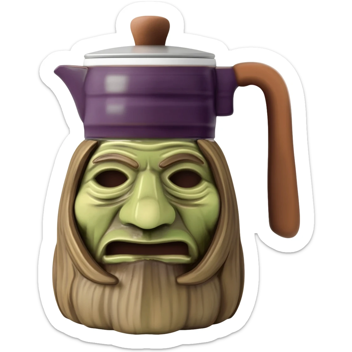 Coffee pot with witch doctor face sticker