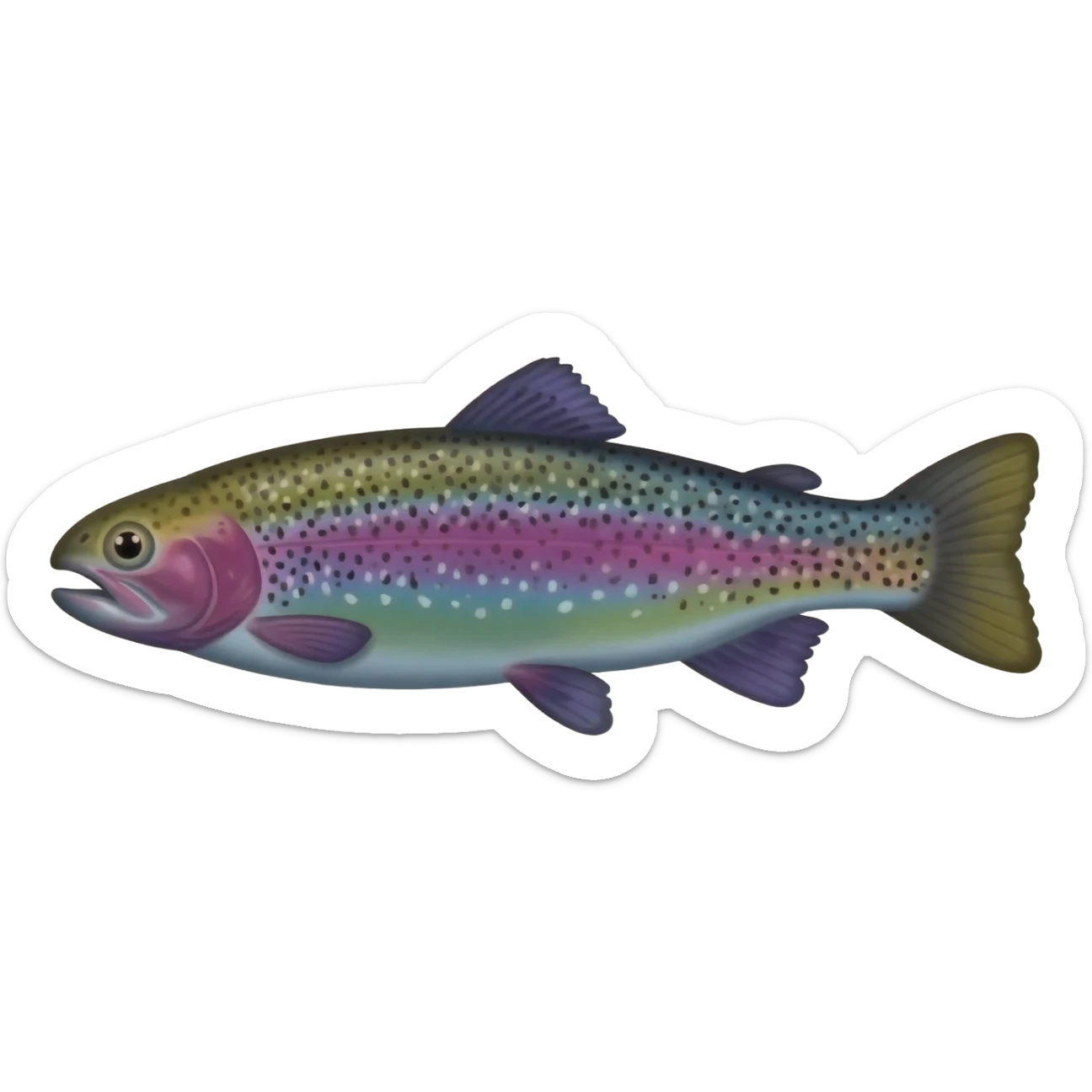 whole rainbow trout fish with speckles facing left bright purple blue green yellow white sticker