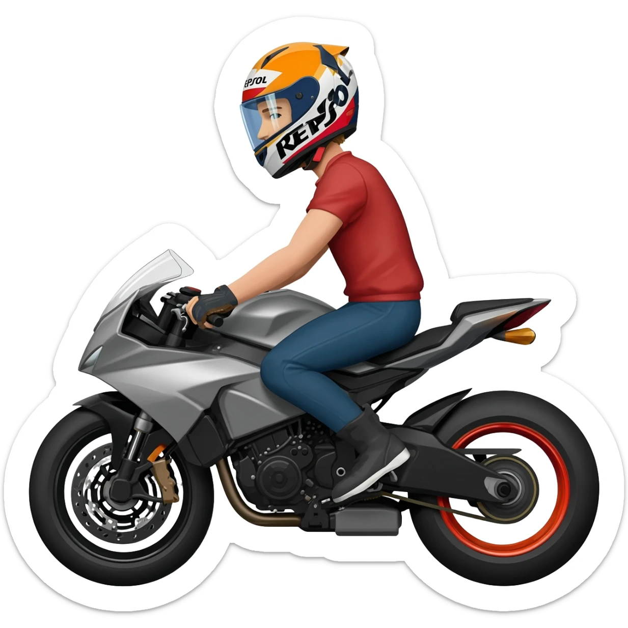 Give me a man ride with repsol helmet and motorcycle sticker