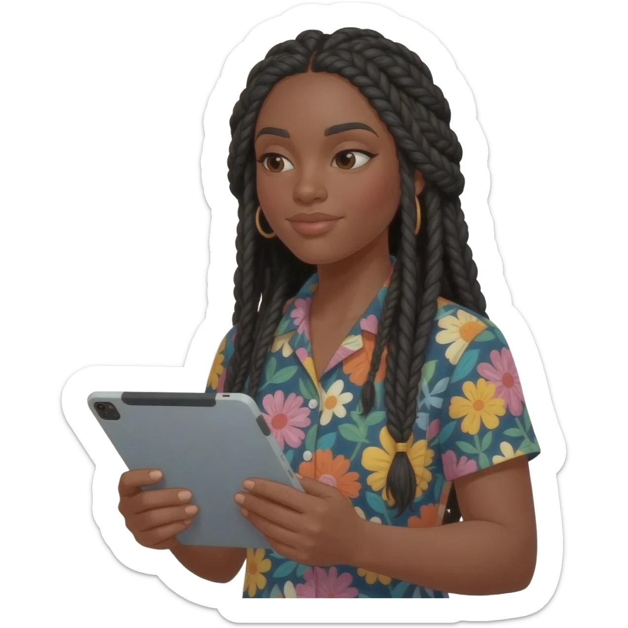Emoji représentant une femme à la peau marron avec de longues braids noires et portant une chemise à fleurs, regardant la tablette graphique dans ses mains sticker