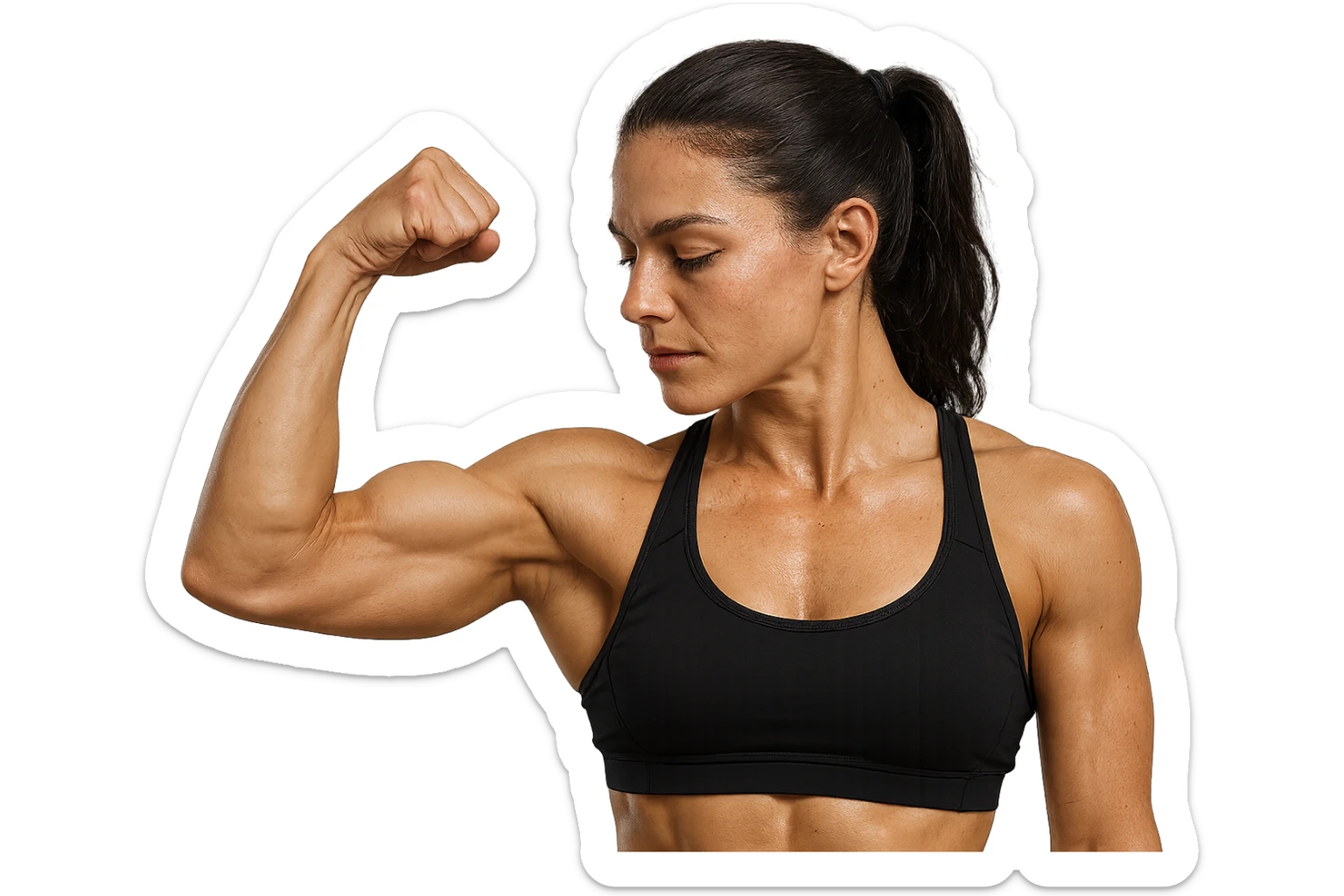 donna fitness con bicipite contratto, iperrealistica 4k sticker