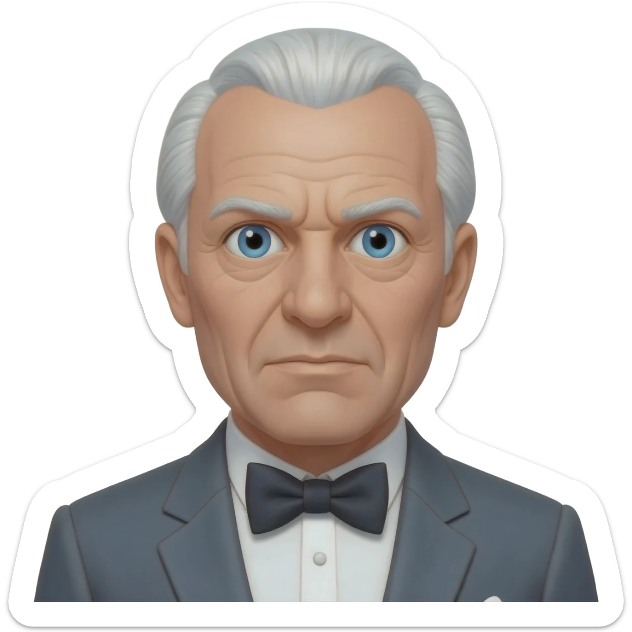 Ernst Stavro Blofeld from James Bond Series with blue eyes, white hair, charcoal gray suit with bow tie sticker