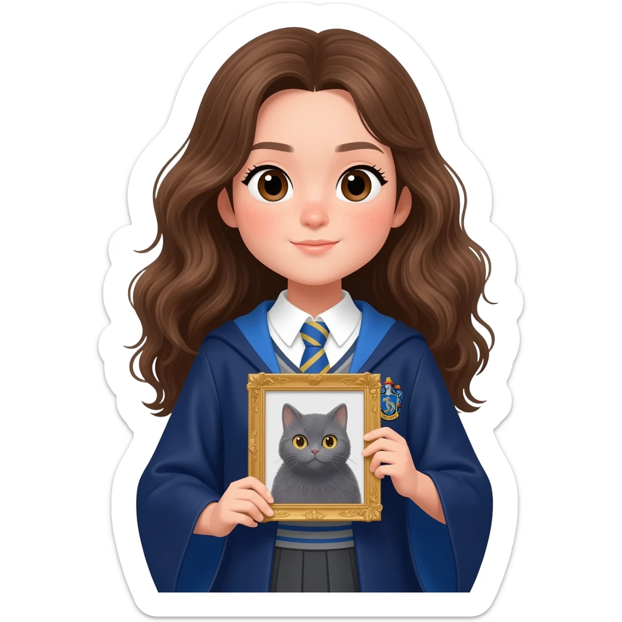 Asian girl with long wavy brown hair and brown eyes wearing Ravenclaw robe from Harry Potter, holding a gray cat sticker