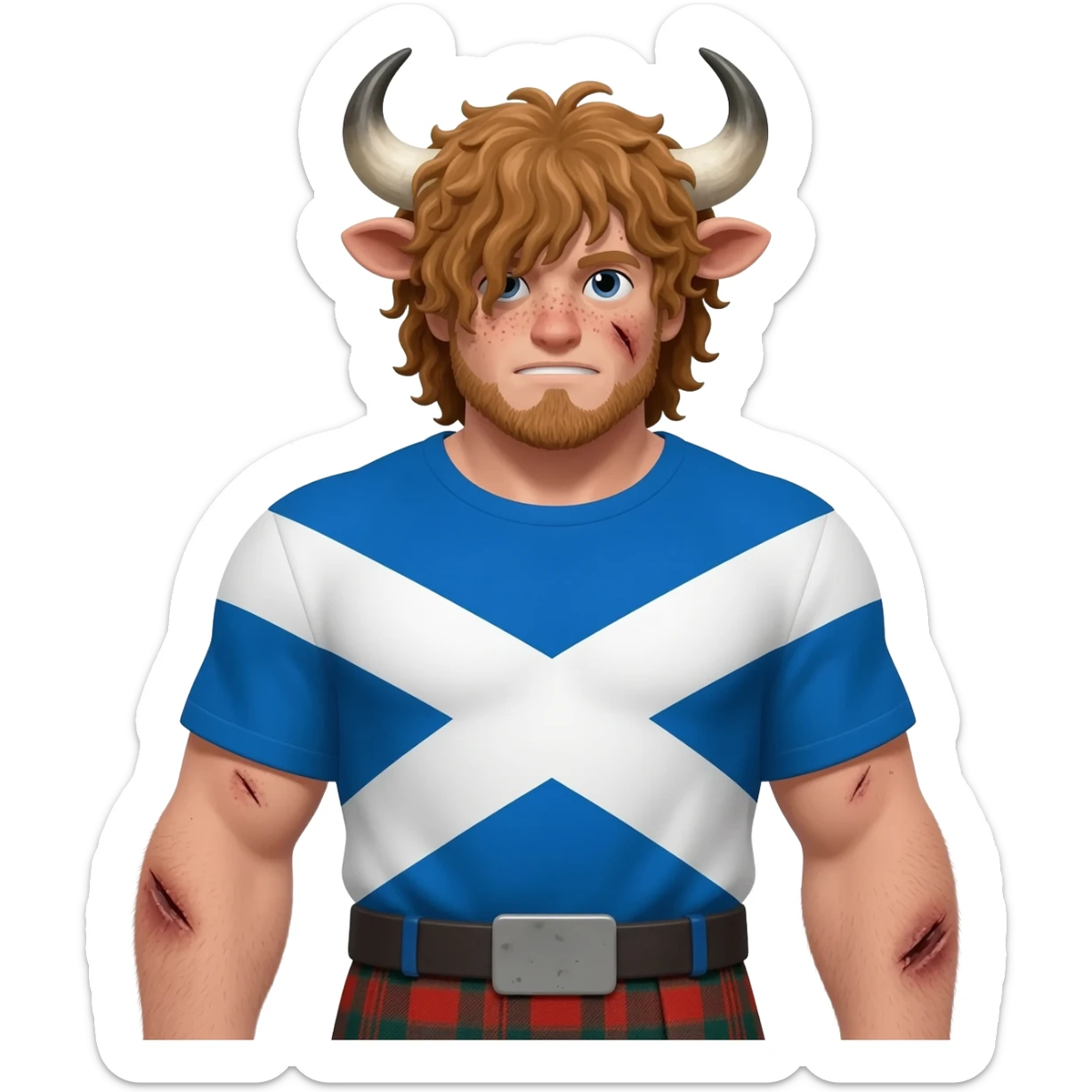 big buff curly man with scars on his face with freckles with messy light brown bangs that covers his face completely with bull horns and bull ears and bull tail dressed in kilt with big scottish flag sticker